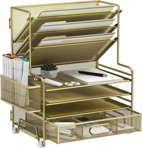 Vista 13 de MINDEPOT Organizador de papel de 4 niveles + soporte para archivos de 3 bolsillos + cajón + soportes para bolígrafos, organizador de archivos