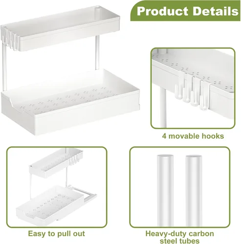 Vista 7 de Organizadores y almacenamiento para debajo del fregadero, organización de baño en forma de L, almacenamiento deslizante de 2 niveles para debajo
