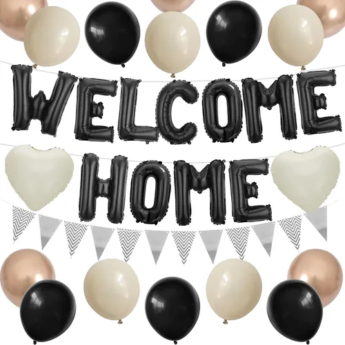 Vista 10 de Decoraciones Welcome Home Negro Azul Plateado, Pancarta de Globos de Papel de Aluminio Negro Welcome Home con Globos de Corazón Azul Marino Banderín