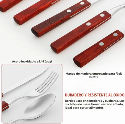 Vista 4 de Juego de cubiertos con mango de madera, 40 piezas, mango de nogal, 18/8 (304), acero inoxidable, mango de madera, cuchillo, tenedor, cuchara