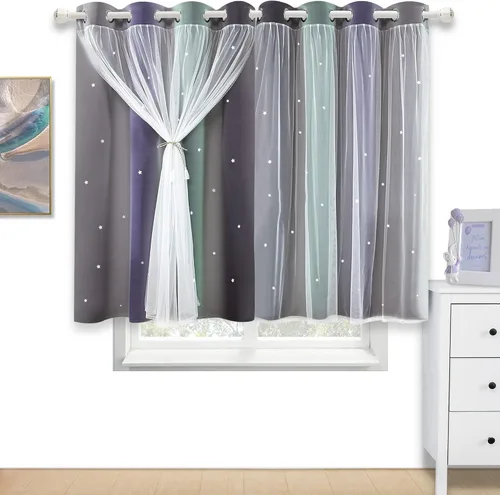 Vista 11 de Cortinas opacas con recorte de estrellas y arcoíris para guardería/habitación de niños/niñas, con superposición de tul, 2 paneles, cada una de 52