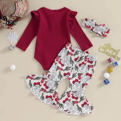 Vista 3 de Kuriozud Conjunto de pantalones acampanados para bebé recién nacida, con volantes, lindo conjunto de pantalones acampanados con diadema y ramitas