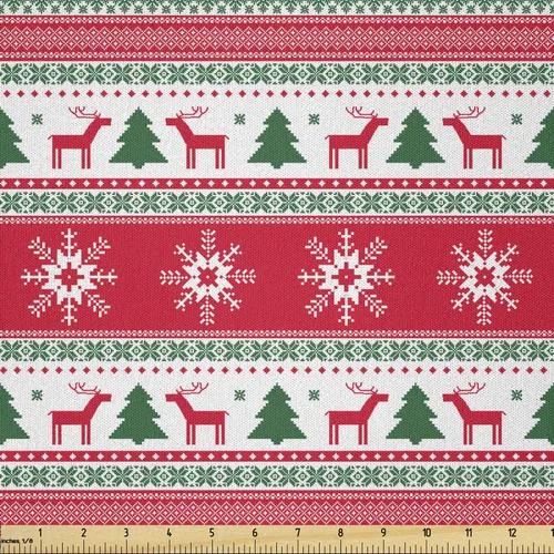 Vista 63 de Ambesonne Tela Navideña por Yarda, Tema Navideño Colorido Vivo Piñas de Pino Ramas Hombre de Jengibre Imagen de Bayas Estampada, Tela de Punto