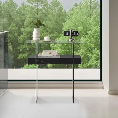 Vista 2 de ivinta Mesa consola de vidrio con almacenamiento, mesa de sofá moderna y estrecha de 31.5 pulgadas para espacios pequeños con estantes de madera