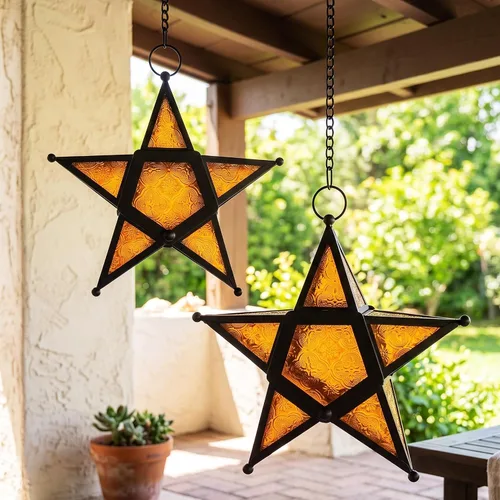 Vista 15 de Juego de 2 Faroles portavelas decorativos con forma de estrella, transparente