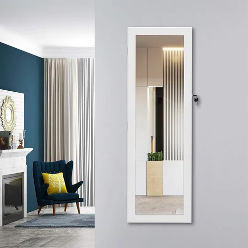 Vista 2 de MIYACA Organizador de 6 luces LED con espejo de joyería, armario de joyería con cerradura montado en la pared, con espejo de tocador de longitud
