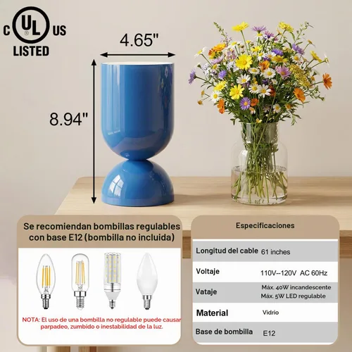 Vista 2 de Lámpara de mesa de cristal moderna de 8.9 pulgadas para sala de estar, lámparas de escritorio regulables para dormitorio, lámpara de mesita de noche