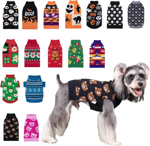 Vista 10 de CuteBone Suéter de calavera de Halloween para perros pequeños, cuello alto, ropa de invierno para mascotas, ropa de gato con agujero para arnés