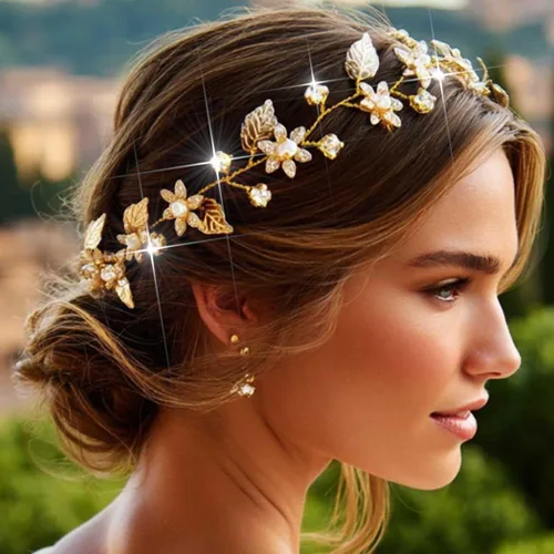 Vista 3 de Yean Diadema de novia para el pelo de la boda, accesorios de novia de hoja dorada para mujer