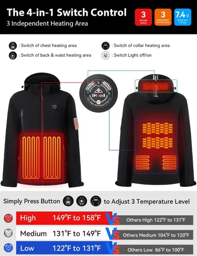 Vista 4 de Chaqueta térmica para hombre con capucha desmontable, impermeable para invierno al aire libre (batería incluida) (EE.UU., Alpha, L, regular, negro)