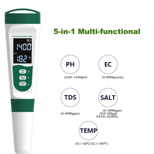 Vista 4 de Medidor digital de pH, probador de agua rápido 5 en 1 para pH/EC/TDS/salinidad/temperatura 0.01pH de alta precisión Probador de pH impermeable