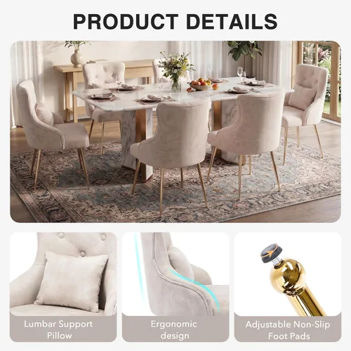 Vista 4 de Sillas de comedor de terciopelo, sillas de acento tapizadas de terciopelo, silla de cocina con patas de metal y almohada lumbar para comedor, sala