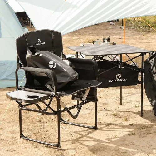 Vista 2 de ROCK CLOUD Paquete de 2 sillas plegables de camping con bolsillo de almacenamiento y mesa auxiliar, sillas de campamento portátiles compactas