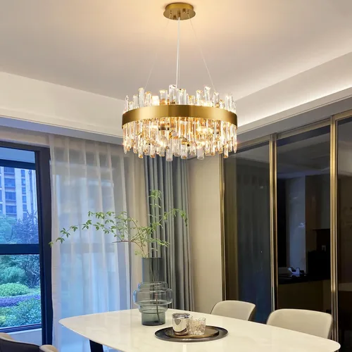 Vista 5 de Siljoy - Candelabro de cristal moderno, 12 luces, lujoso, redondo, de 2 niveles, con cristal K9 en forma de gota de lluvia, lámpara colgante de Oro