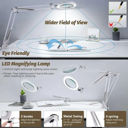 Vista 4 de LANCOSC Lupa de cristal real de grado óptico de 10 x 5 pulgadas con luz y soporte, lámpara de escritorio LED de 3 modos de color, regulable y sin