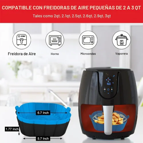 Vista 2 de Forros de silicona para freidora de aire para freidoras pequeñas de aire de 2 a 3 QT, olla de cesta y tazón de silicona reutilizable antiadherente