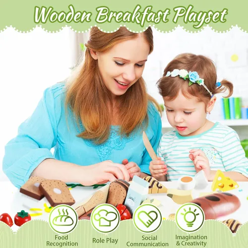Vista 8 de Juego de café de madera para niños y juguete de panadería de madera para desayuno