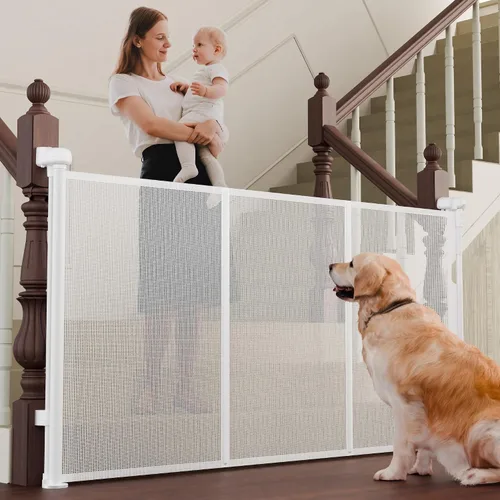 Vista 13 de Puertas retráctiles para bebés para escaleras, puerta de bebé de 55 pulgadas de ancho, puerta para perros, puerta retráctil para mascotas de 41 Negro