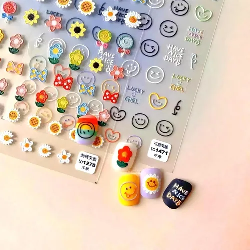 Vista 8 de Dedyel Calcomanías de uñas de sonrisa, lindas calcomanías de uñas de dibujos animados 5D en relieve de cara sonriente, calcomanías de uñas Kawaii