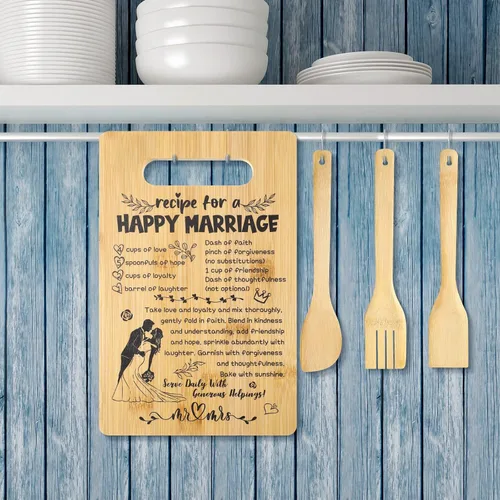 Vista 5 de BBTO Regalo de boda para pareja, regalos de despedida de soltera 2026 para novia y novio, receta para un matrimonio feliz, juego de tabla de cortar