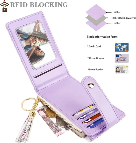 Vista 3 de Cartera delgada para mujer, con bloqueo RFID, de cuero, con múltiples tarjetas, con borla, bolsillo para monedas, Margarita Blanca