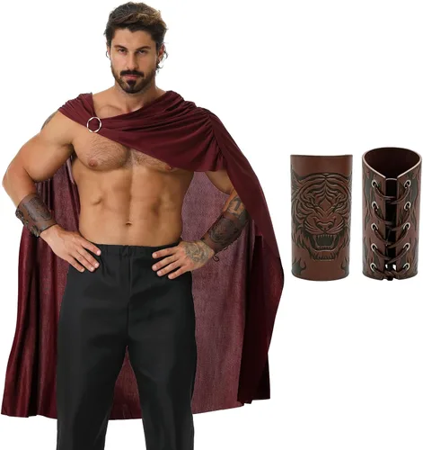 Vista 8 de GRAJTCIN Capa de disfraz de soldado guerrero espartano unisex con brazaletes para Halloween, capa medieval para cosplay