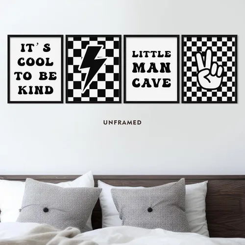 Vista 3 de Eersida 9 carteles retro a cuadros con diseño de relámpago de la paz, larga vida de la infancia, Rad Little Dude para niños, regalos para habitación