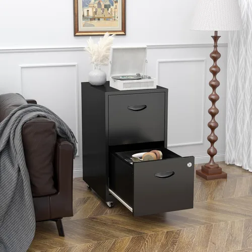 Vista 5 de Archivador móvil de 2 cajones con cerradura, archivadores de metal con ruedas, gabinete de almacenamiento enrollable negro, archivador vertical