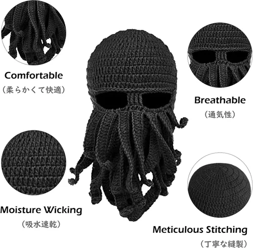 Vista 3 de TRIWONDER Sombrero de barba de punto, divertido gorro de invierno, pulpo, máscara facial, disfraz de Halloween para hombres y mujeres, esquí