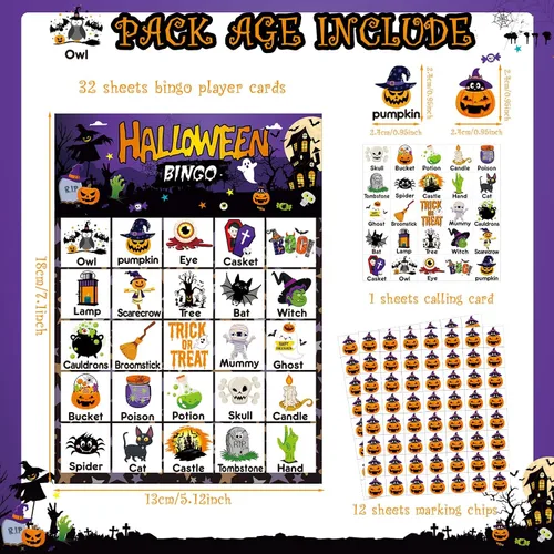 Vista 2 de Shappy Juego de bingo de Halloween para adultos y niños, 32 jugadores, juego de bingo de Halloween, espeluznante tema de calabaza fantasma