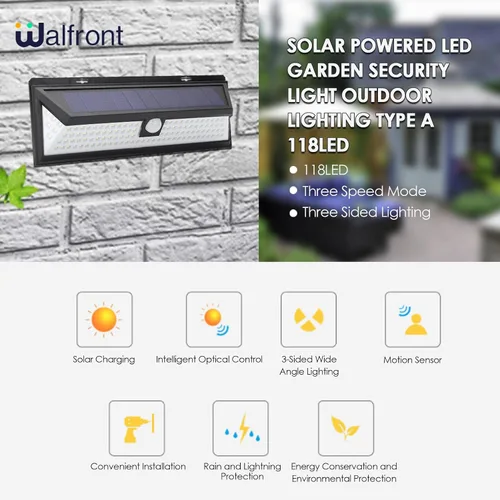 Vista 4 de Walfront Luz solar de pared con sensor de movimiento, 118 LED, 3 modos de iluminación, luz de seguridad impermeable para exteriores, para patio