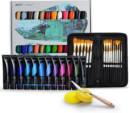 Vista 10 de ARTIFY - Juego de pintura acrílica de 24 colores, 24 colores con 15 pinceles sintéticos, incluye esponja, paleta y cuchillo para principiantes