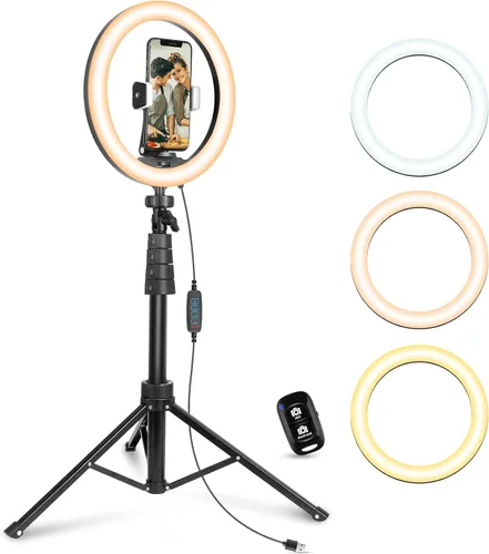 Vista 8 de UBeesize - Anillo de luz para selfie con trípode y soporte para teléfono celular para transmisión en vivo/maquillaje, mini luz LED para cámara