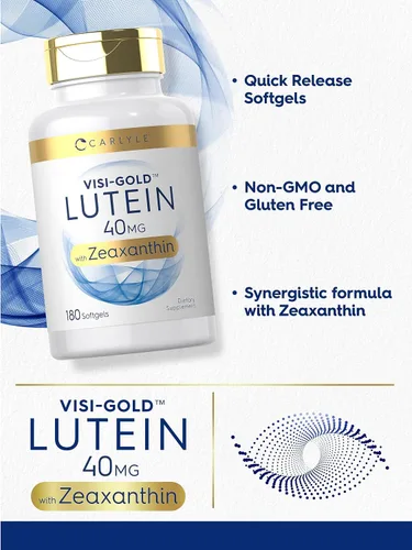 Vista 4 de Suplemento de luteína y zeaxantina Carlyle 40mg 180 cápsulas blandas Píldoras para los ojos Vitaminas para la salud ocular Visi-Gold Sin