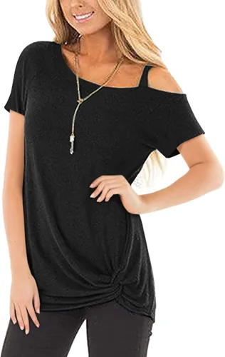 Vista 2 de Temofon - Camisetas de mujer, sin hombros, camiseta de verano informal, de manga corta, con diseño de nudo trasero y hombros desnudos, tallas S a 2XL