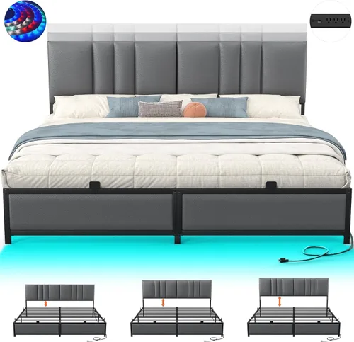 Vista 8 de Besiost Base de cama de tamaño individual con cabecera ajustable de 3 alturas, cama de plataforma tapizada de cuero con luz LED y estación de carga
