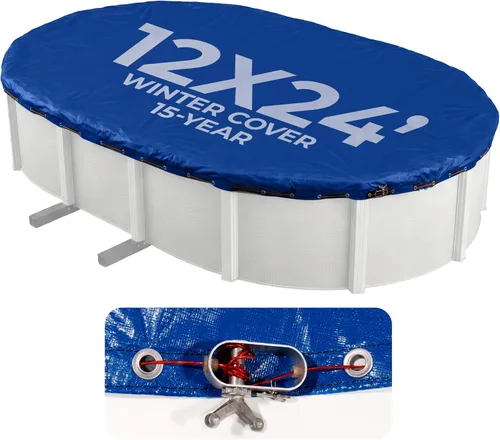Vista 10 de Cubierta oval de invierno para piscina sobre suelo, Azul Royal Polietileno laminado de 14 x 14, ojales de metal cada 2 pies, parte inferior negra