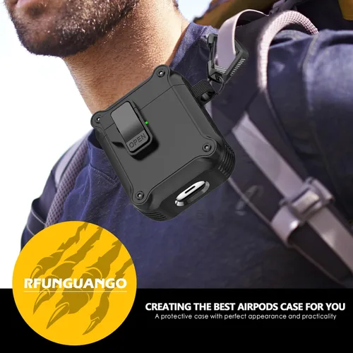 Vista 7 de RFUNGUANGO - Estuche protector para AirPods de 1ª y 2ª generación, con clip de bloqueo de seguridad, completo, a prueba de golpes, con llavero negro