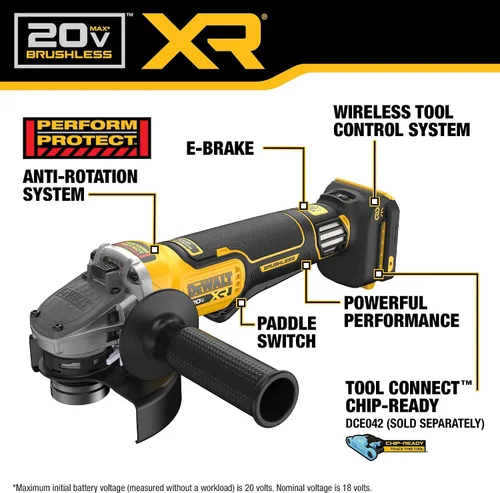 Vista 2 de DEWALT Amoladora angular inalámbrica sin escobillas de 20V MAX XR, 4-1/2 pulg. - 5 in., Velocidad variable, antirrotación, interruptor de paleta
