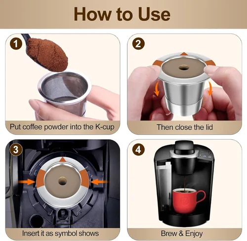 Vista 3 de Cápsulas de café reutilizables K Cups para cafetera Keurig 1.0 y 2.0, filtro de café de acero inoxidable (paquete de 4)