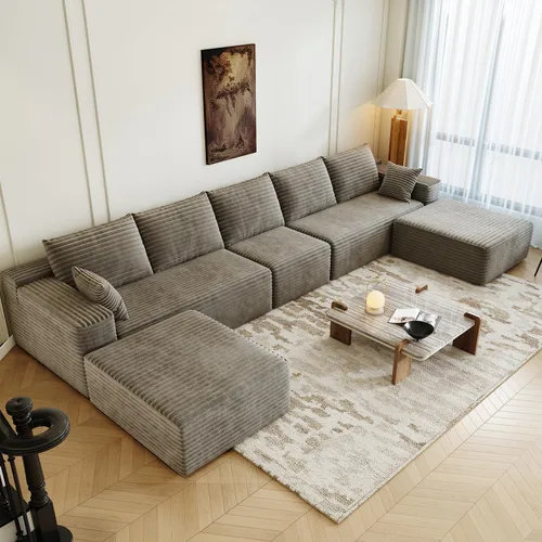 Vista 25 de Sofá modular modular de 139.4 pulgadas, sofás minimalistas en forma de L con diván de asiento medio, moderno sofá convertible de asiento profundo