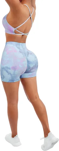 Vista 3 de SUUKSESS Conjuntos de entrenamiento sin costuras para mujer, sujetador deportivo con tiras y cintura alta, pantalones cortos