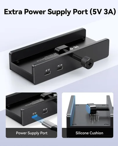 Vista 4 de ORICO Hub USB 3.2, Abrazadera USB Hub con puerto de fuente de alimentación adicional, extensor USB de 5 puertos de aluminio de 10 Gbps con 2 puertos