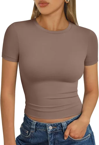 Vista 8 de Trendy Queen - Camisetas básicas para mujer, camisetas de verano 2025, de manga corta, ajustadas, para gimnasio, entrenamiento, ropa estilo Y2K