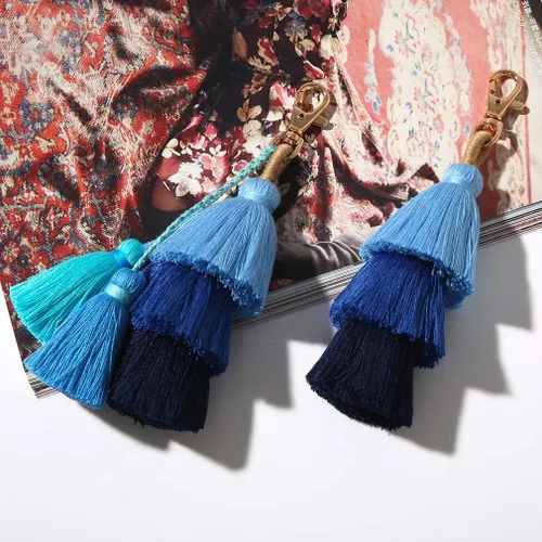 Vista 3 de Llavero colorido con borla para bolso Bohemia hecha a mano con flecos bonitos llaveros para mujeres, bolso y bolso