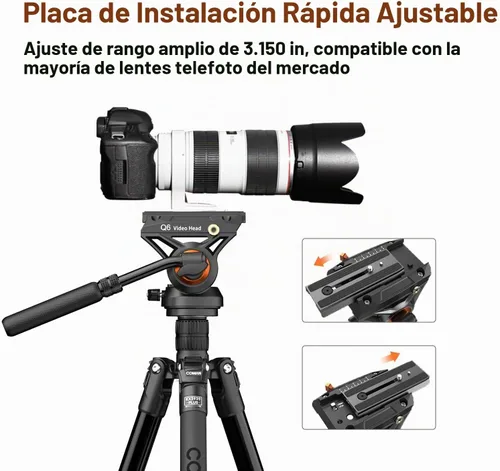 Vista 5 de Trípode con cabeza fluida para videocámara DSLR, monopié trípode de cámara con panorámica de 360° y +90°/-70° de inclinación, nueva cabeza fluida Q6