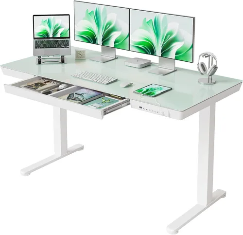 Vista 10 de FEZIBO Escritorio eléctrico de pie con cajones de 48 × 24, escritorio de cristal de altura ajustable de una pieza, escritorio de pie ajustable