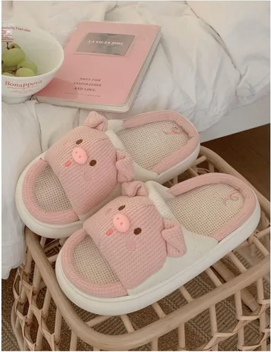 Vista 7 de CEINOM Pantuflas de cerdo de dibujos animados para mujer, pantuflas de casa kawaii, pantuflas lindas para mujeres y hombres, pantuflas de piso