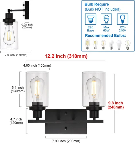Vista 5 de MELUCEE Aplique de pared negro industrial vintage de 2 luces con pantalla de vidrio transparente y base de metal, luces de tocador de baño, apliques