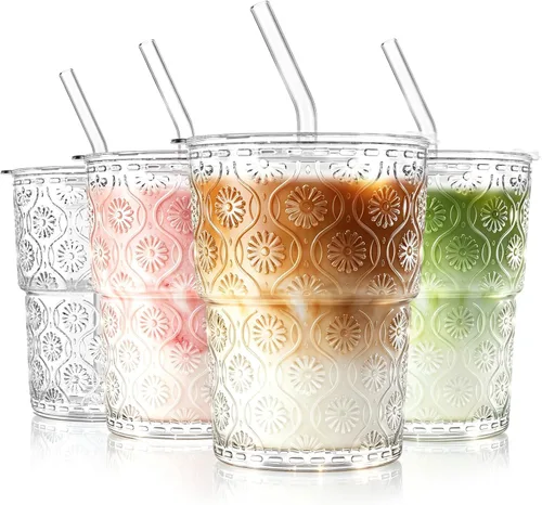 Vista 10 de SoulTimes Vaso de cristal de flor de Begonia de 13 onzas con tapa y pajita, vasos de café helado para batidos, matcha, jugo, agua, etc. Cristalería